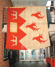 The McGill flag hanging in Tomlinson Hall.