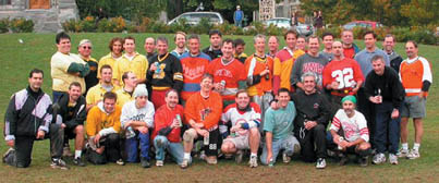 Flagball is a longtime McGill tradition on the lower campus and these Homecoming participants were only too happy to get back onto the field for a reunion game.