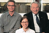 McGill Chancellor and author Dick Pound, BCom'62, BCL'67 (right), is shown with novelists Andrew Pyper, BA'91, MA'92,  and Caitlin Sweet, BA'93, at the Lunch et Livres event in the McGill Bookstore, which featured readings and book signings from the wordsmiths.