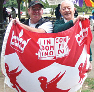 The Victoria branch of the Alumni Association joined in the annual Canadian University Alumni Picnic in July. Hoisting the McGill flag are branch president Tim Houlihan, MUP’76, and David Rodger, MDCM’35.