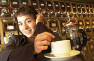 Laure Waridel in 2001, enjoying a cup of he beverage that has since made her a celebrity