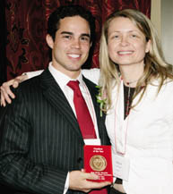 Brett Hickey, founding president of McGill's New York Young Alumni Association, received a friendly squeeze from Alumni/Annual Fund associate director Trish Duff, BA'88, after being named Branch President of the Year.