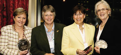 McGill's wildly successful 'Mini' public lecture programs (Mini-Med, Mini-Law, Mini-Music), shepherded by Kappy Flanders, received a Special Recognition Award. Pictured are Flanders, former MAA president Sally McDougall, BSc'68, DipEd'69, and Mini program coordinators Sandy Eisen and Ibby Shuster.